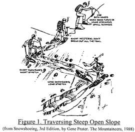 Illustration for Traversing Steep Open Slope on Snowshoe Reprinted from Snowshoeing, 3rd Edition, by Gene Prater, The Mountaineers, 1988)